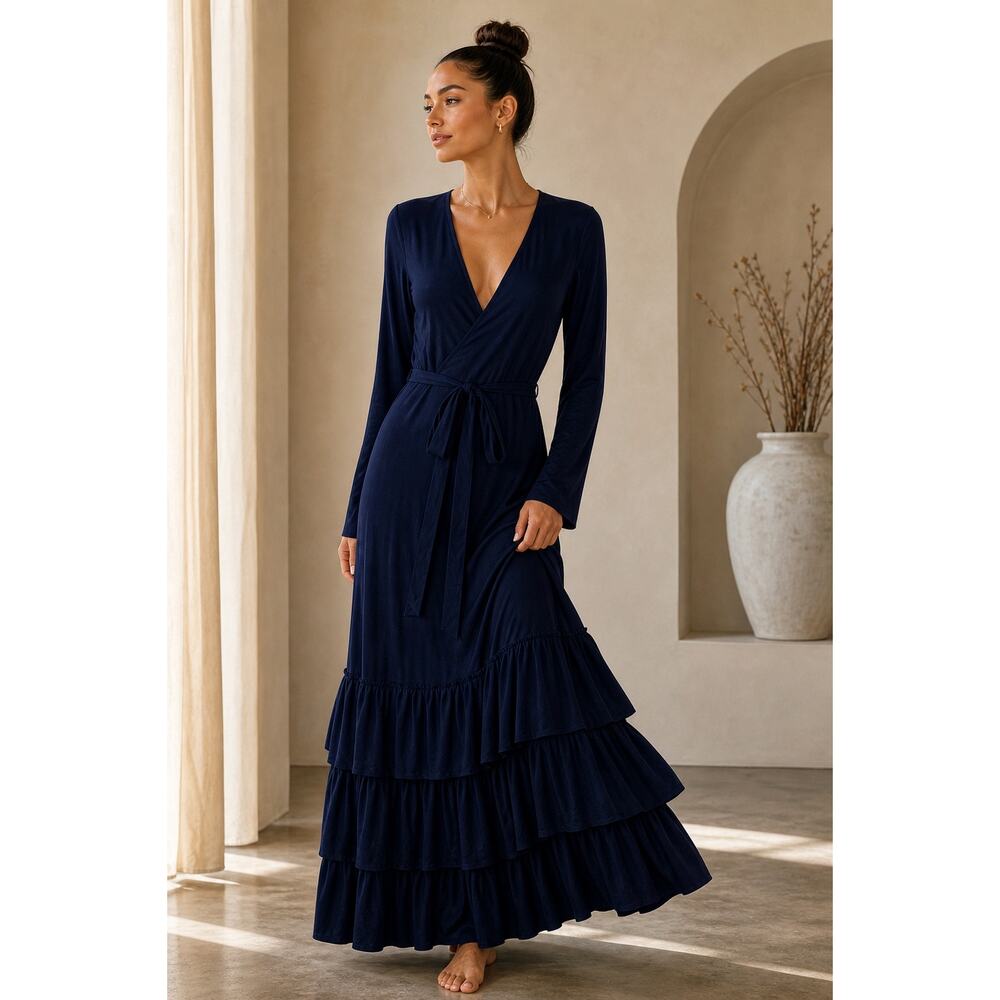 Skin Pima Cotton Wrap House Dress Robe Size 2 Navy Maxi Tiered Ruffle Skirt